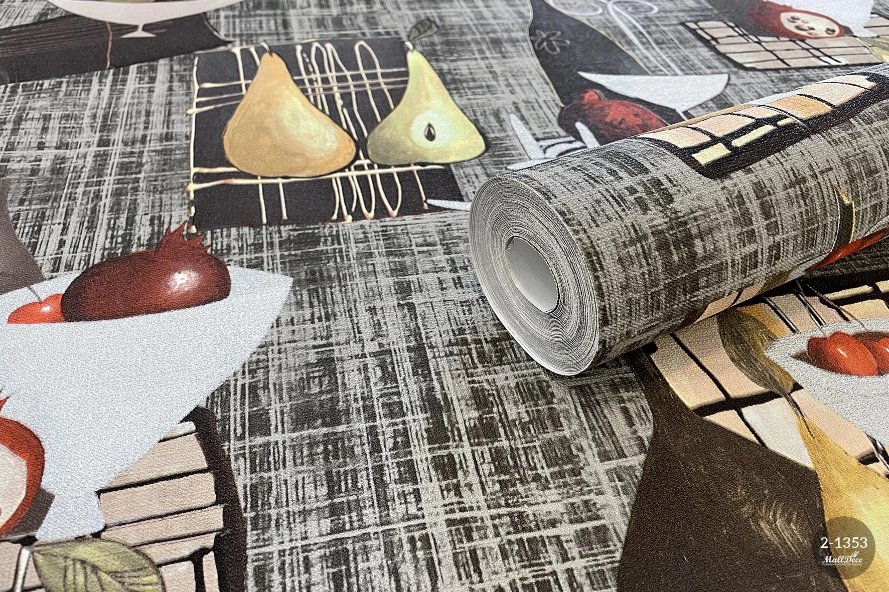 Kitchen vinyl wallpaper, gray background, Nature pattern