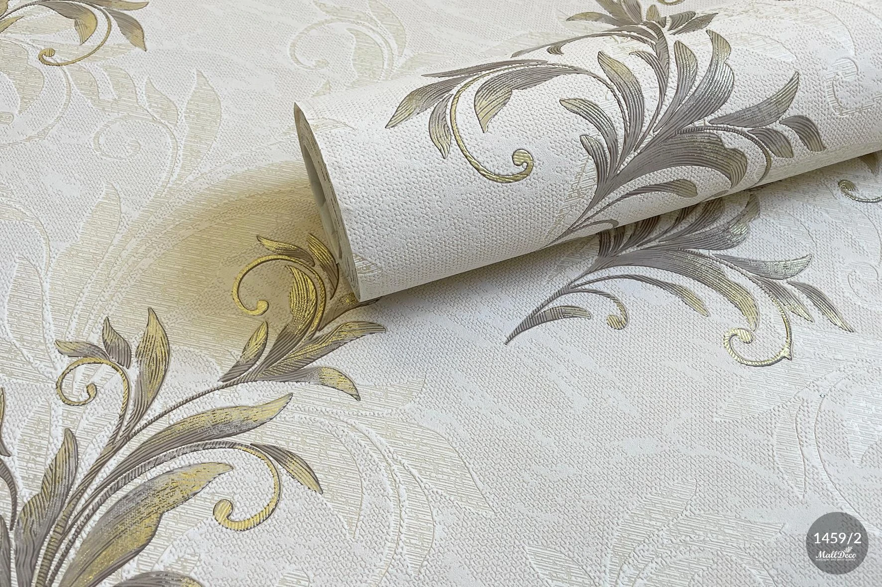 Floral style bedroom wallpaper, beige with gray, Montana pattern