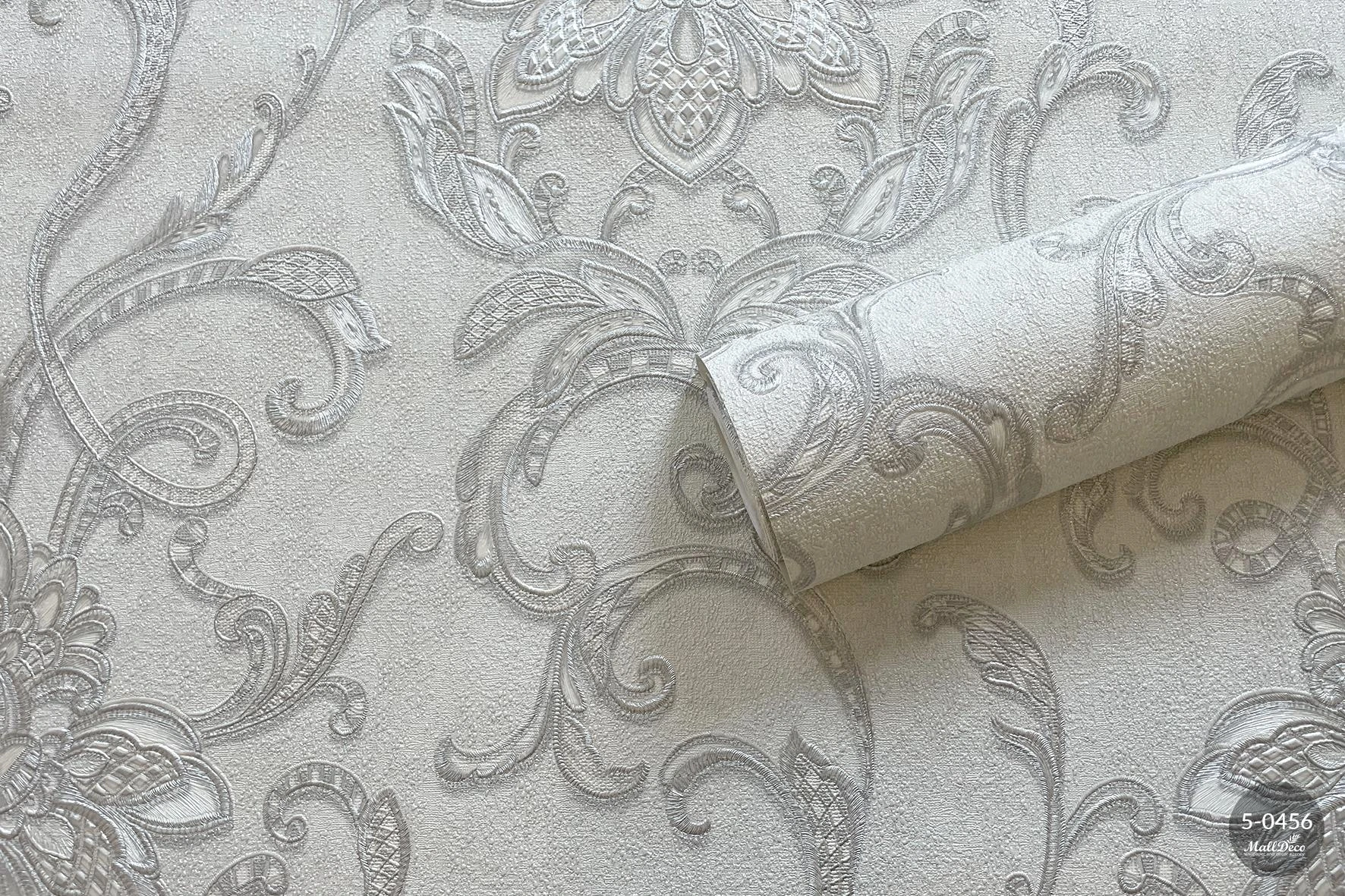 White and gray bedroom wallpaper, Seville pattern vinyl