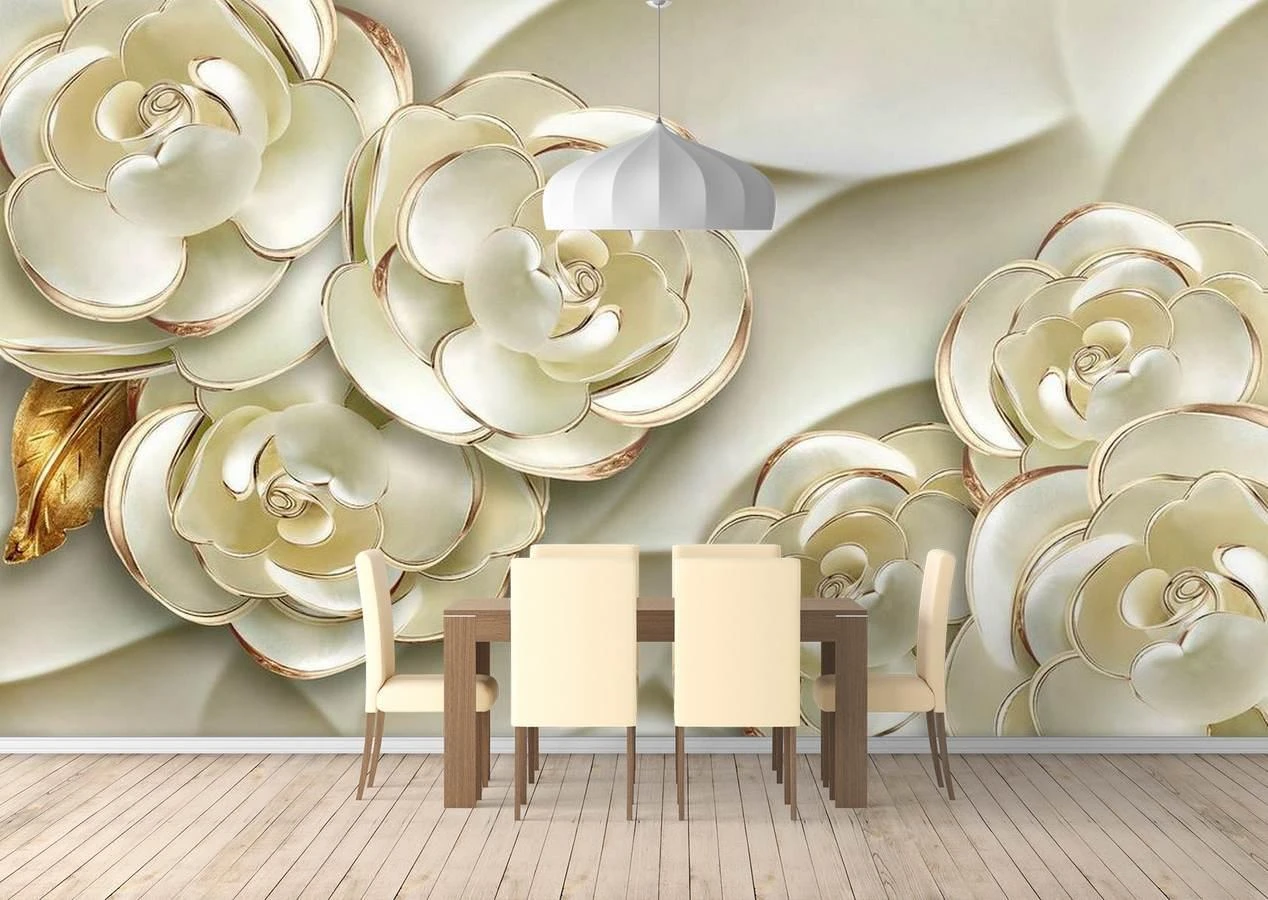 3D Photo Wallpaper, White flowers with golden tips on a white background Art.05124