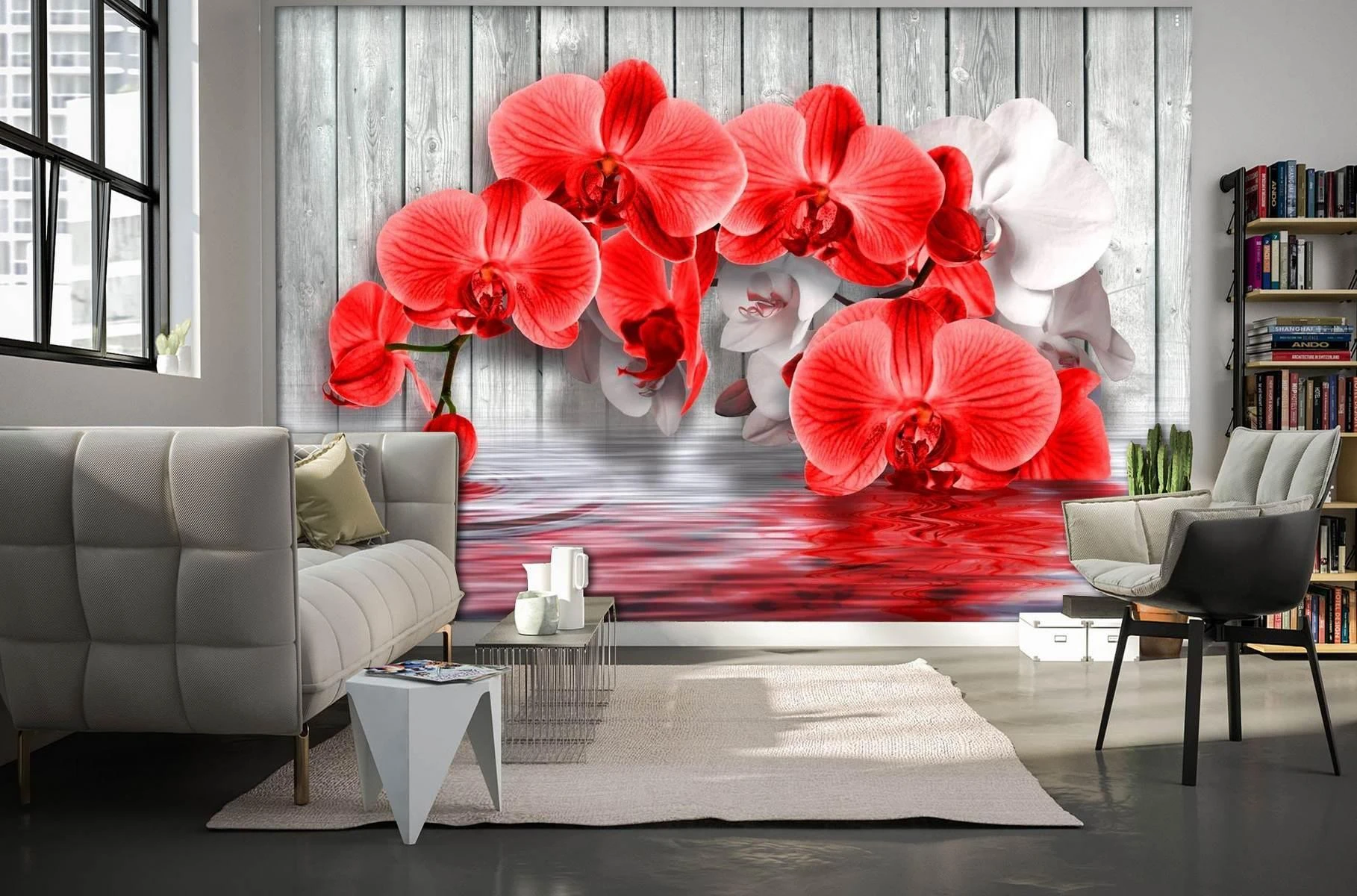 Photo wallpaper, Red orchid on a gray wooden background Art.01151