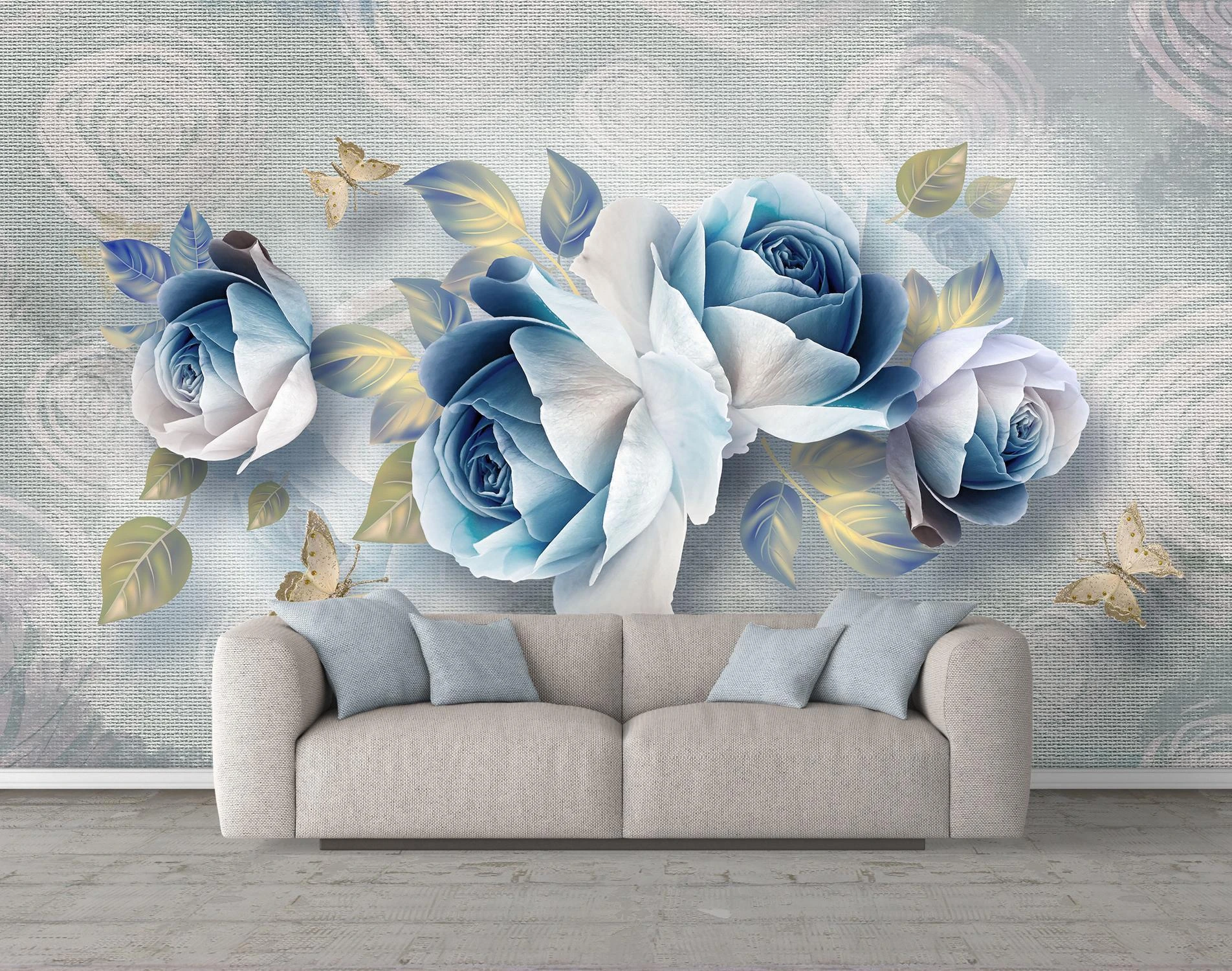 3D photo wallpaper, Blue flowers on a gray background Art.05424