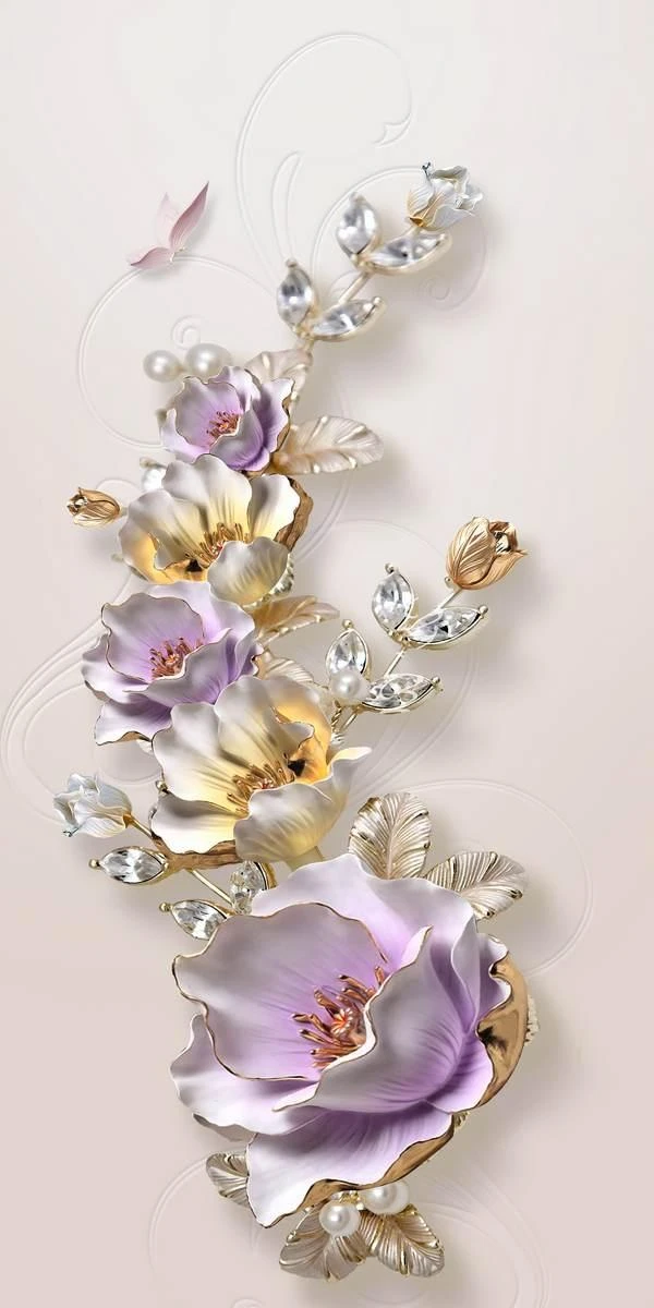 3D photo wallpaper, Leaf with flowers on a gray background Art.05314