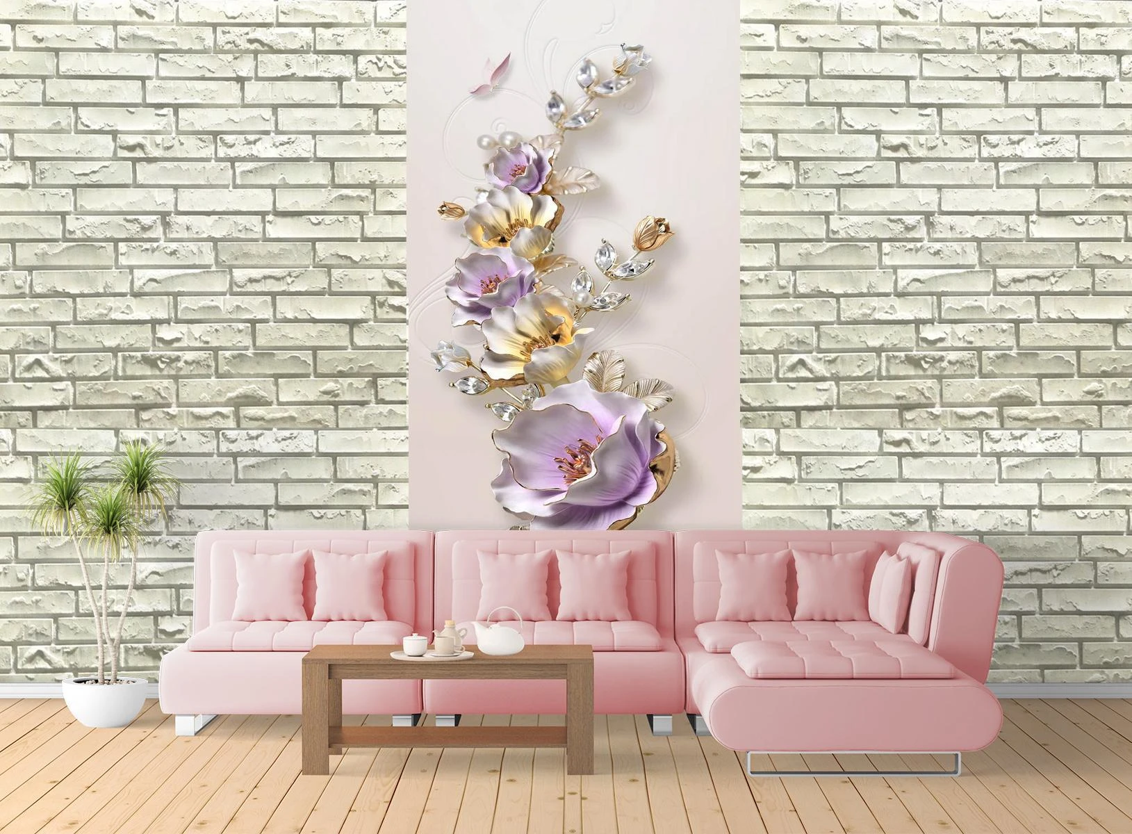 3D photo wallpaper, Leaf with flowers on a gray background Art.05314